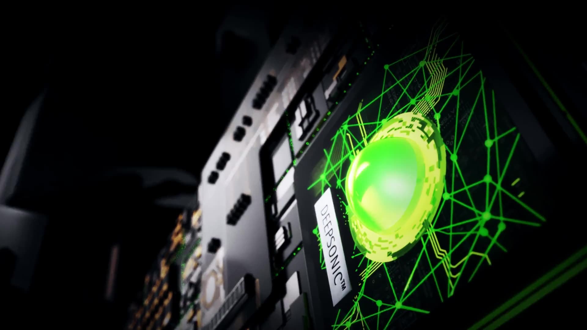 The DEEPSONIC AI chip inside the Phonak Audéo Infinio Ultra Sphere, glowing green on its circuit board