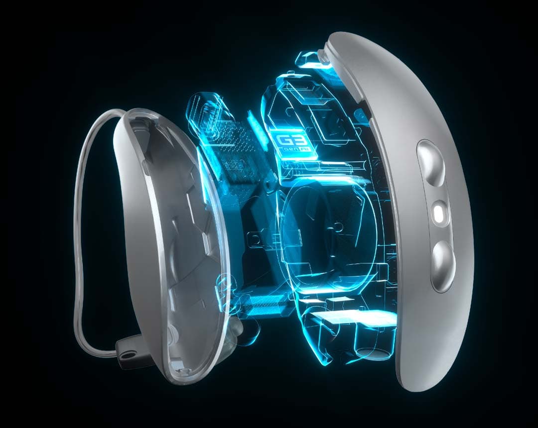 Exploded view of a Starkey Omega AI hearing aid revealing the glowing G3 Gen AI Neuro Processor inside