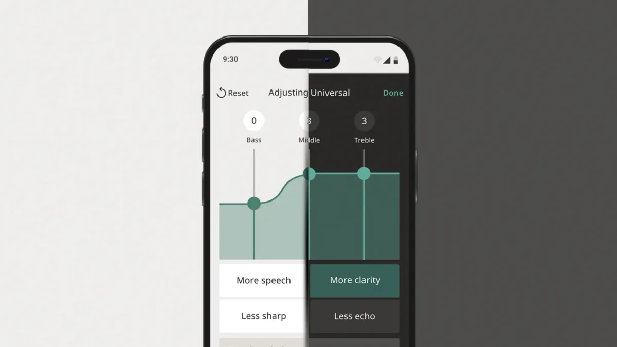 The Widex Allure app in dark mode