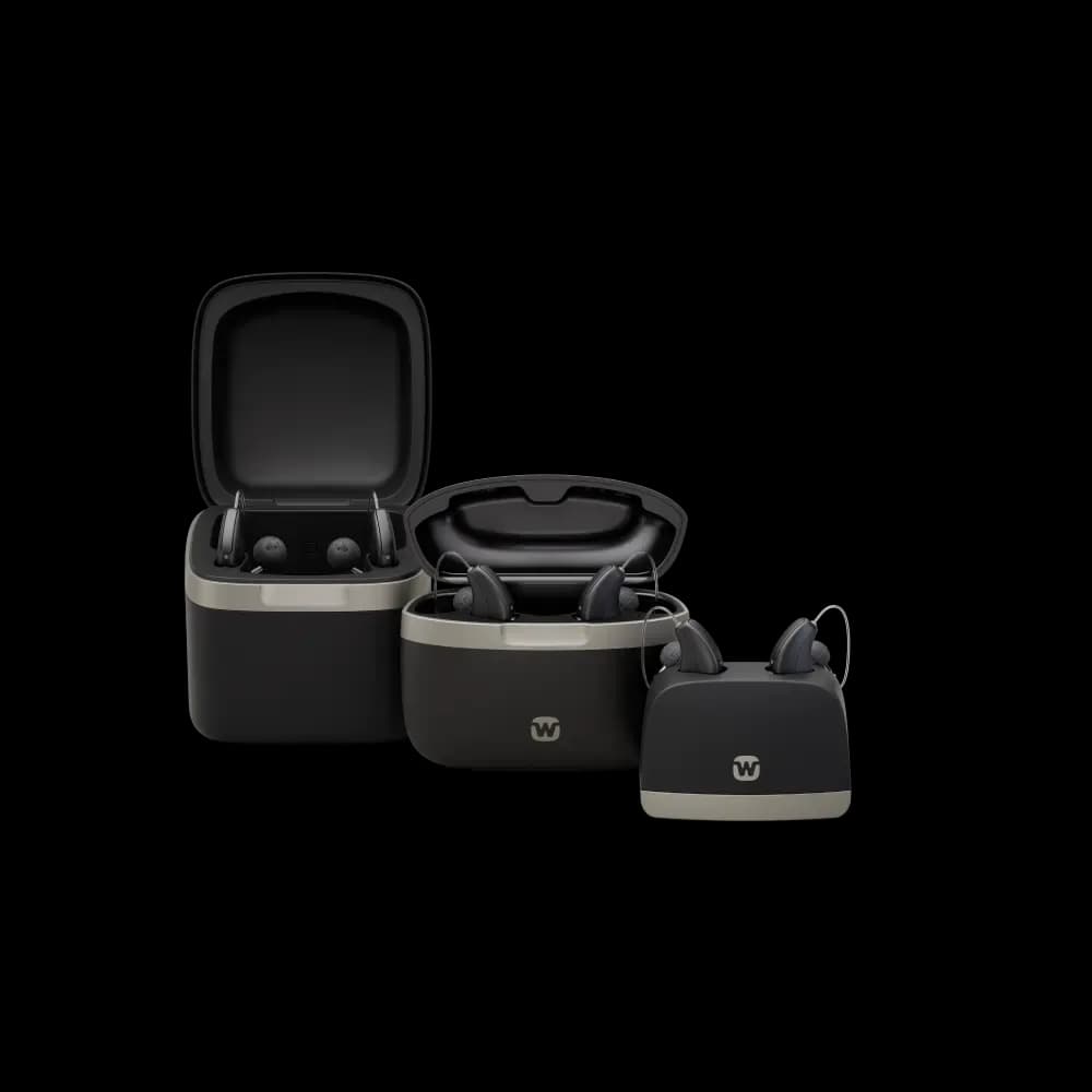 The Widex Allure charging family: standard charger, portable case, and Charge n Clean