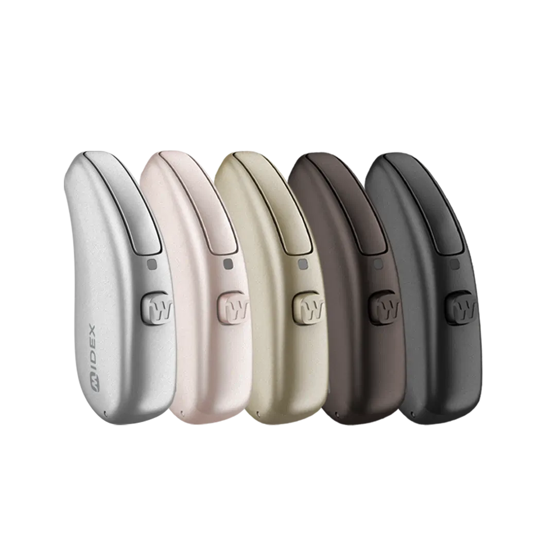 The Widex Allure RIC lineup in Silver, Rose Gold, Champagne, Mocha Brown, and Black