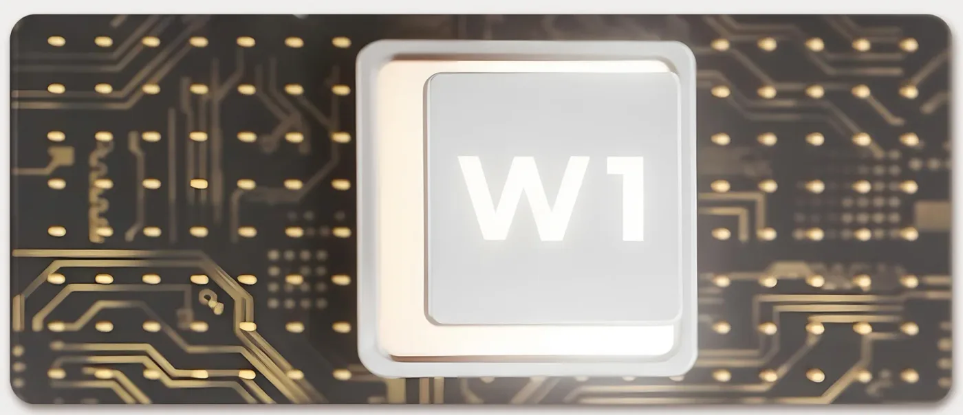 The Widex W1 chip on its gold circuit board